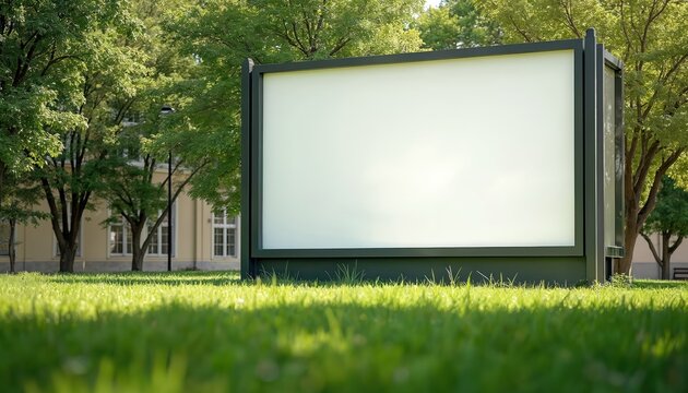 Blank signboard mockup on school campus, university. Billboard display for event posters, advertising, marketing, urban information. Empty space for message. Green grass lawn trees background. Ideal