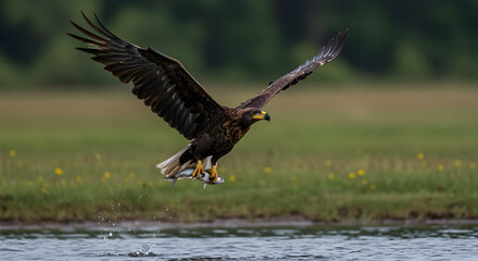 Obraz premium Eagle in flight clutching a freshly caught fish over a shimmering lake landscape