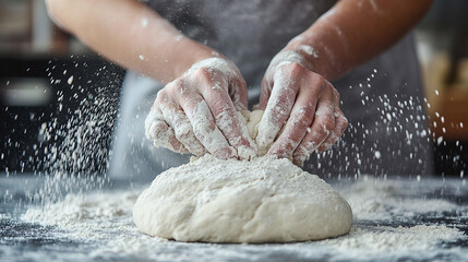 Obraz premium Woman kneading dough at grey table, closeup. Cloud of flour