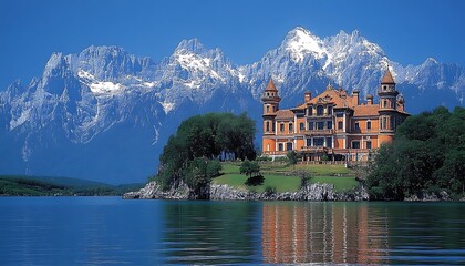 Fototapeta premium Castle on Lake with Mountains.