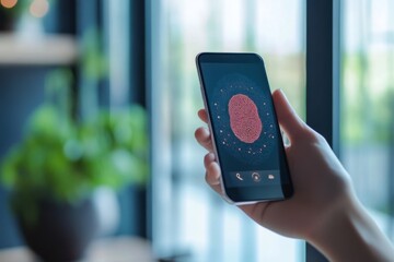 A smartphone is held up, displaying a fingerprint authentication screen, showcasing a modern technology setting with green plants in the background Generative AI