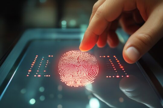 A person is using a fingerprint scanner to verify their identity through biometric authentication at a secure location in daylight Generative AI
