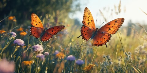 Colorful butterflies fluttering over a vibrant wildflower meadow during a sunny afternoon