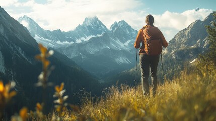 Obraz premium A hiker standing on a mountain vista looking at snow capped peaks