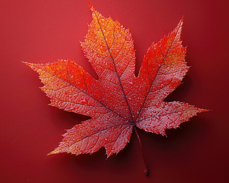 Vibrant red maple leaf resting on a rich red background, showcasing autumn beauty