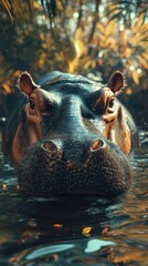 Fototapeta premium Hippo relaxes in tranquil water surrounded by lush foliage in an afternoon light