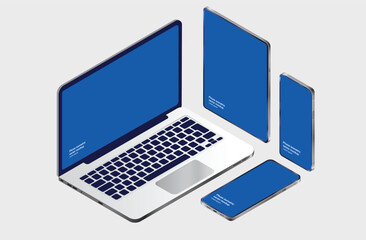 Fototapeta premium Isometric laptop and devices vector template - Mobile phone, tablet and computer mockup standing in isometric perspective view on light grey background