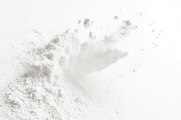 White powder explosion, a burst of fine particles against a white background.