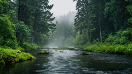 Serene river flows through a misty evergreen forest, creating a tranquil scene