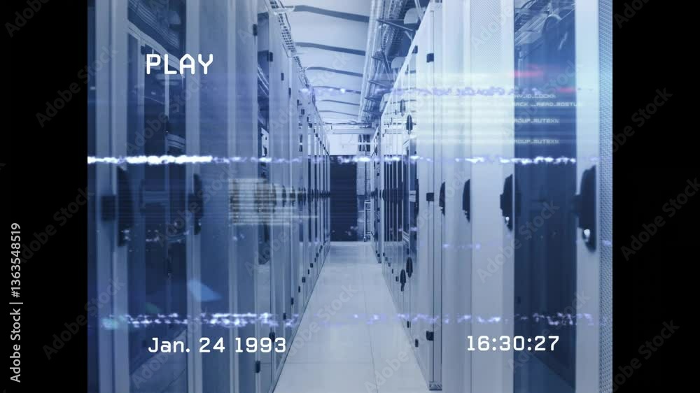 Poster digital overlay showing date and time in data center corridor