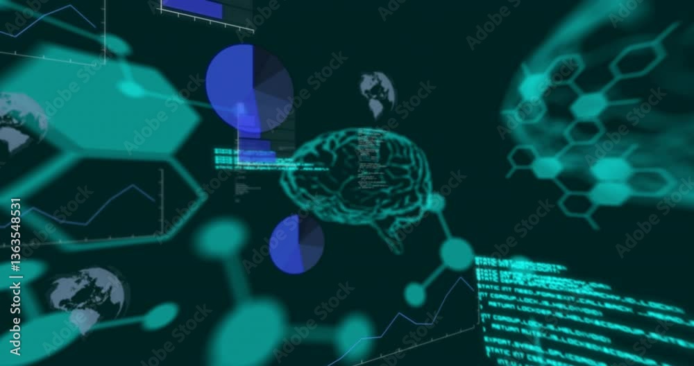 Poster digital data and code processing animation over abstract geometric shapes