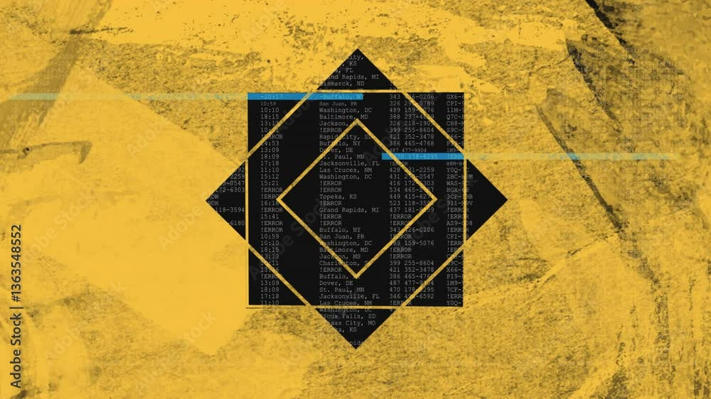 Poster geometric shapes and data processing animation over textured yellow background