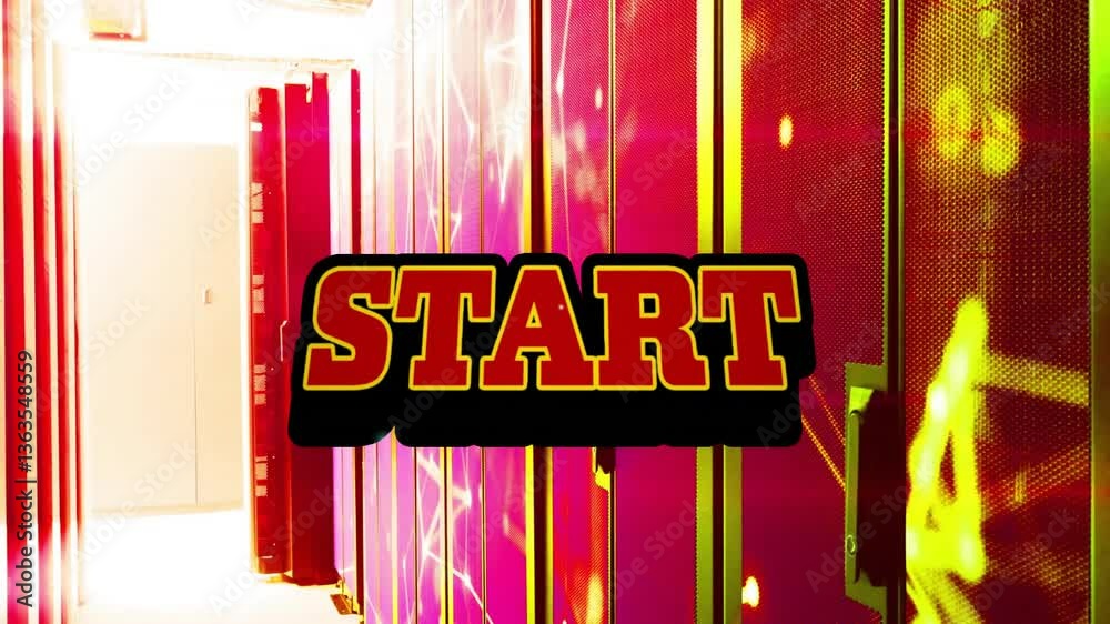 Poster in school, child creating animation with start text overlay in server room