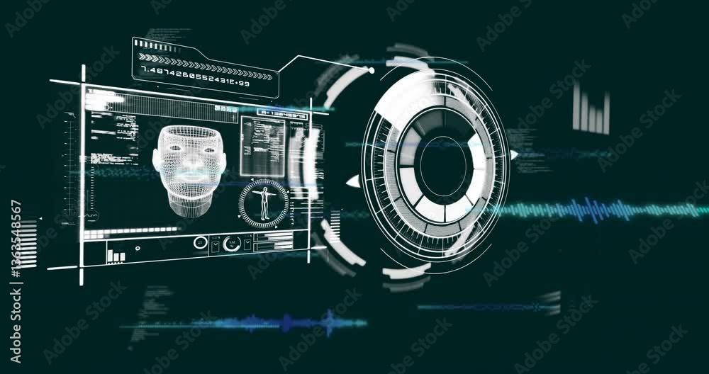 Poster displaying futuristic animation of biometric data on digital interface in school setting