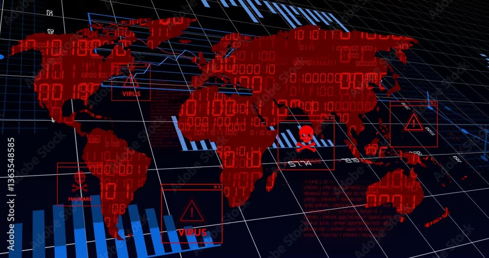 Poster animation of digital world map displaying virus warnings and binary code overlay