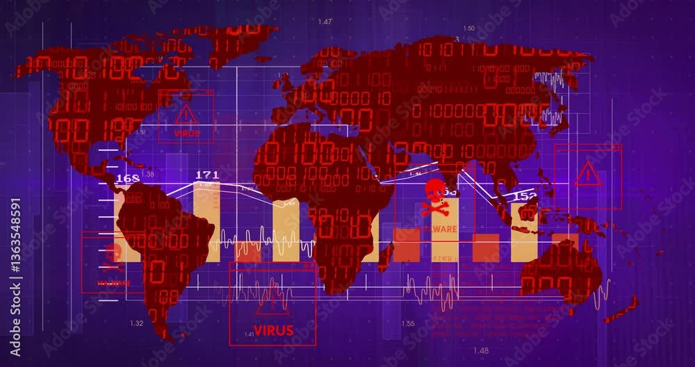 Poster animation of world map with virus data and binary code in red and blue