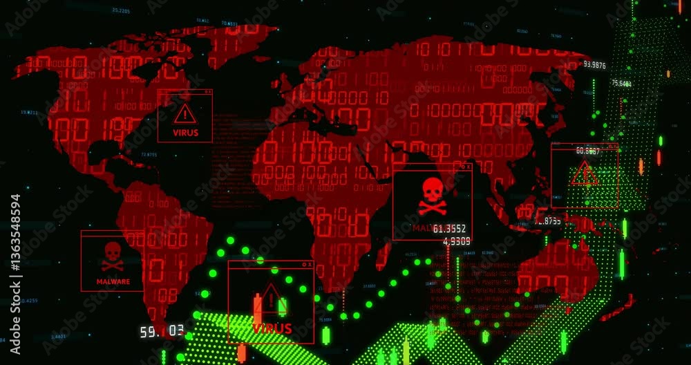 Poster digital animation showing world map with virus and malware warnings in red and green
