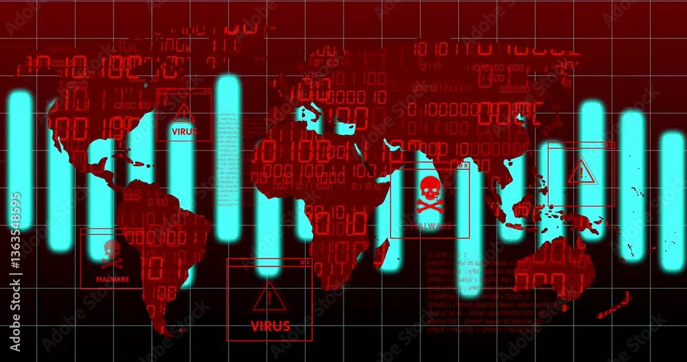 Poster animation of digital world map displaying virus warnings over binary code backdrop