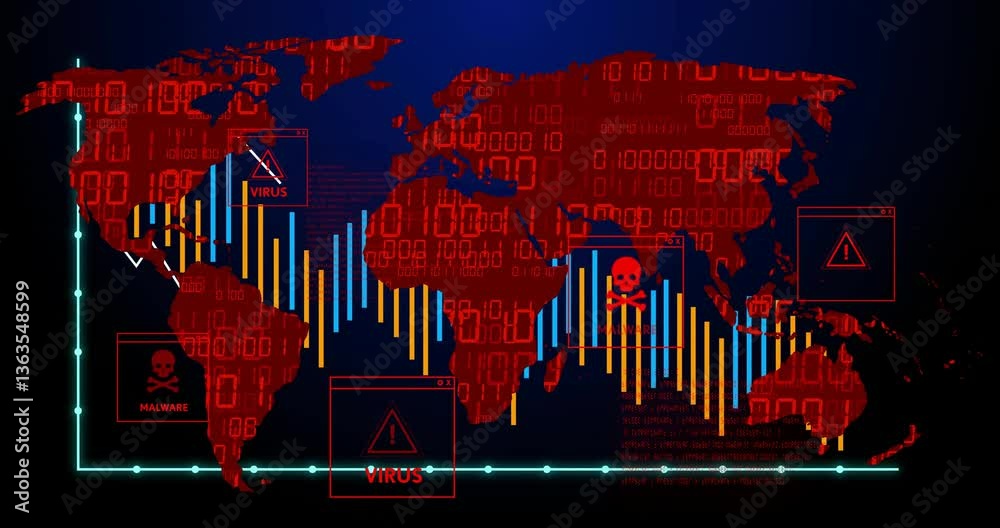 Poster animation of world map with digital virus alerts and data graphs in red