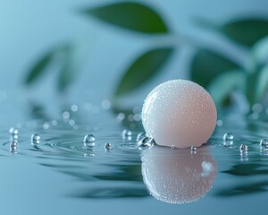 White sphere with droplets reflecting in calm water, surrounded by green leaves