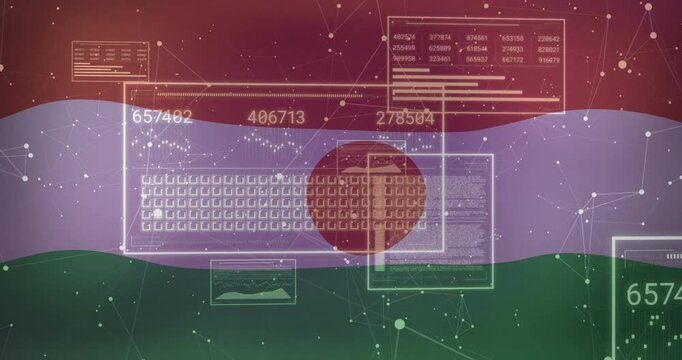 Digital data processing animation over Bangladesh flag with network connections - Powered by Adobe