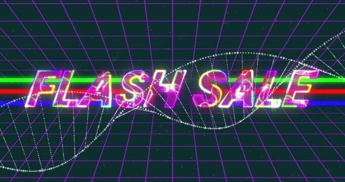 Retro digital theme with neon colors, flash sale text on grid background animation