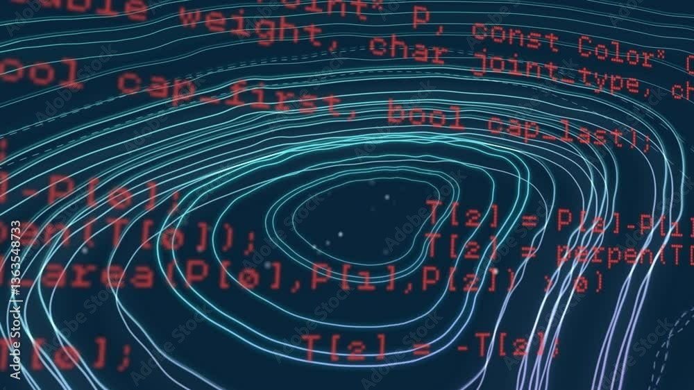 Aufkleber creating dynamic data visualization, flowing lines with red code text animation