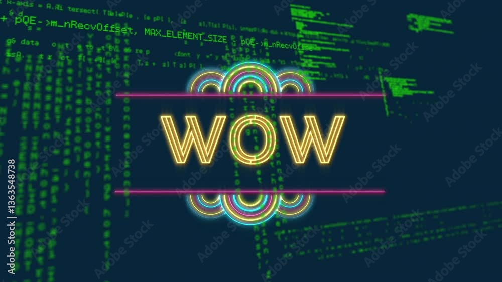 Poster neon wow text animation over green coding and data processing background