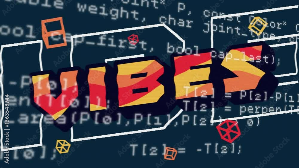 Poster animation of colorful geometric shapes overlaying programming code in school setting