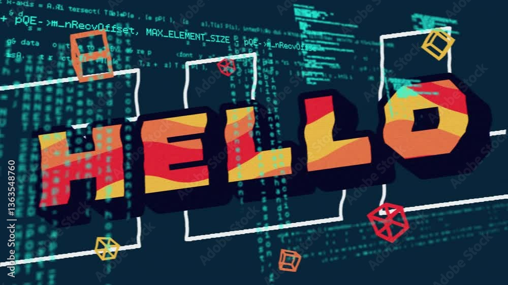 Poster HELLO text in animation with geometric shapes over computer code backdrop