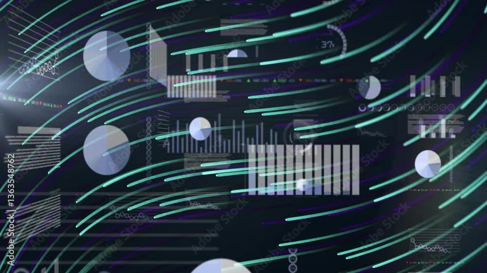 Poster Data visualization with charts and graphs over dynamic swirling lines animation