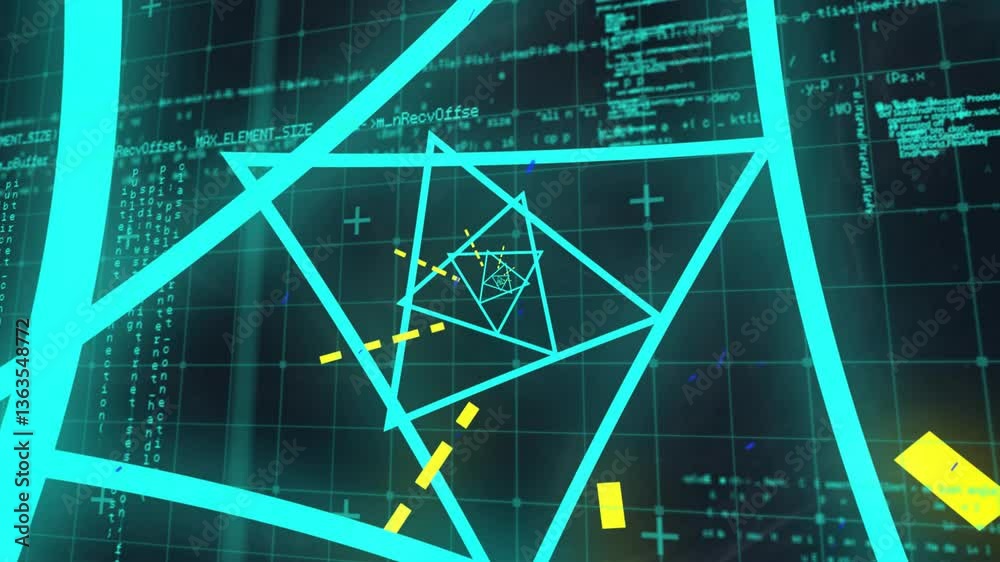 Poster geometric shapes and coding data animation over digital grid background