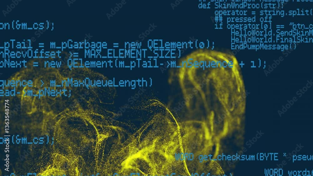 Poster animation of programming code overlay on yellow abstract shapes, dark background