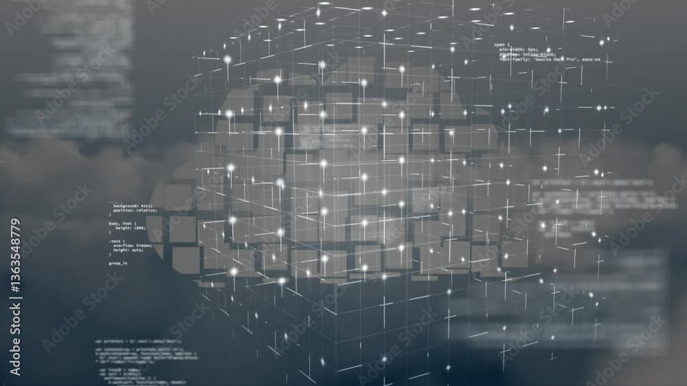 Poster glowing nodes on digital data cube with animation in cloudy background