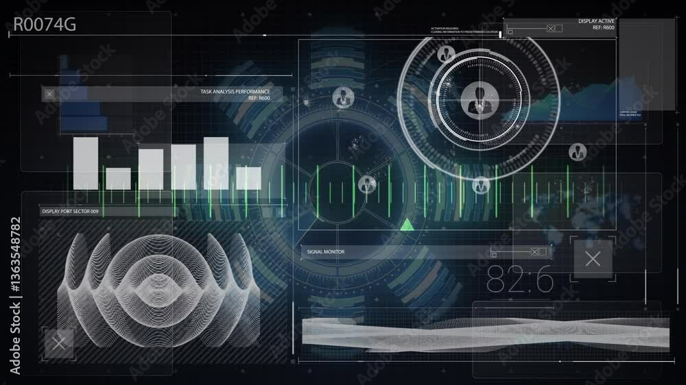 Poster displaying animation of futuristic digital interface with data analytics at school