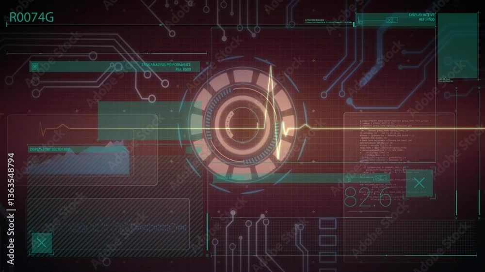 Poster glowing central circular element in futuristic animation with circuit patterns