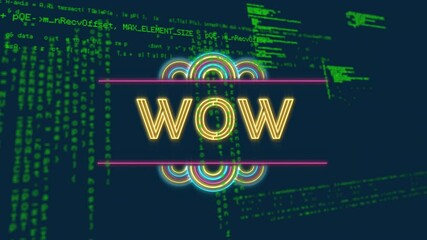 Neon WOW text animation over green coding and data processing background