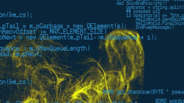 Animation of programming code overlay on yellow abstract shapes, dark background