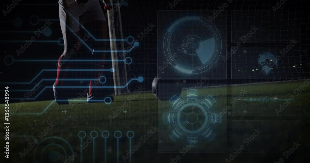 Poster soccer player on field with digital interface and data processing animation