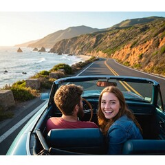 Young couple taking a road trip in a convertible on a coastal highway 3
