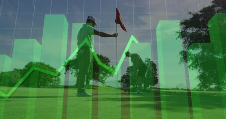 Golfers on course, financial graph animation overlaying scene in background - Powered by Adobe