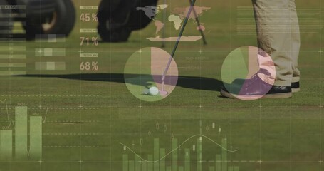 On golf course, player putting with animation of data analytics and graphs overlay - Powered by Adobe