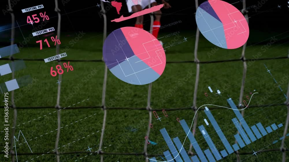 Poster Behind net, soccer player analyzing animated data charts and graphs in school