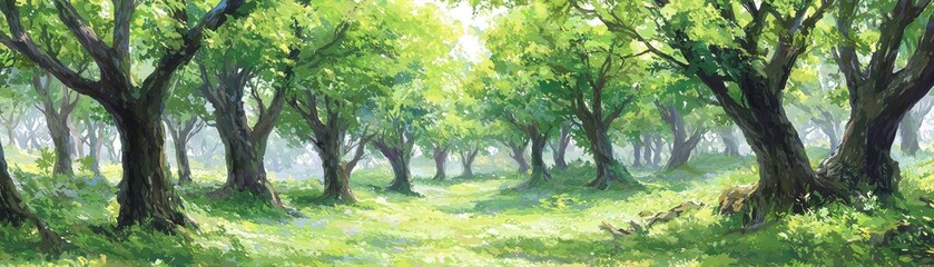Fototapeta premium Lush forest glade, sunlight filtering, peaceful background