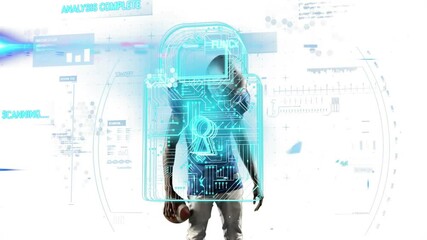 American football player with digital lock and data processing animation overlay - Powered by Adobe
