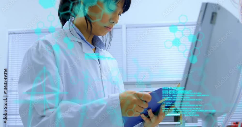 Poster analyzing data with digital interface, scientist using tablet in laboratory
