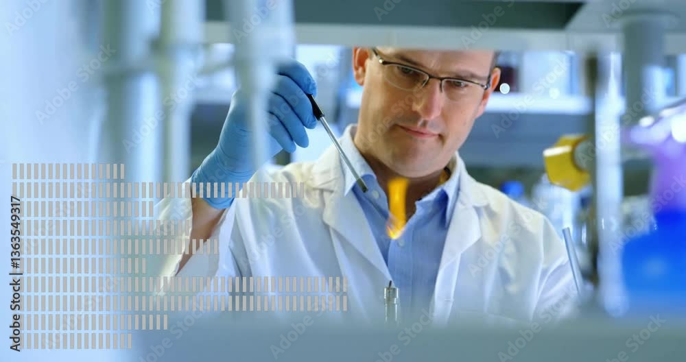 Poster conducting experiment with pipette, scientist using animation overlay in laboratory