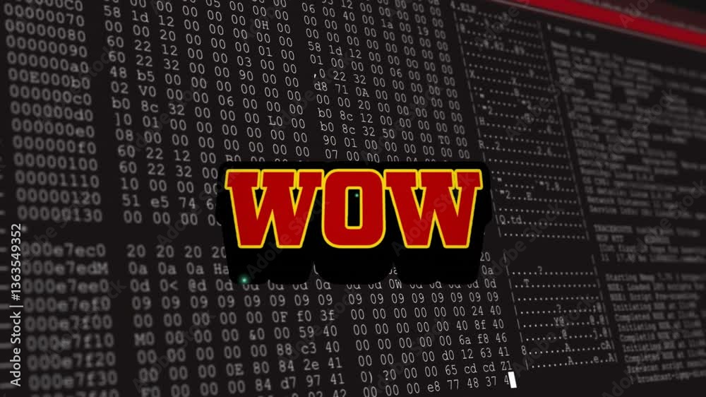 Poster wow text animation over digital data and binary code background
