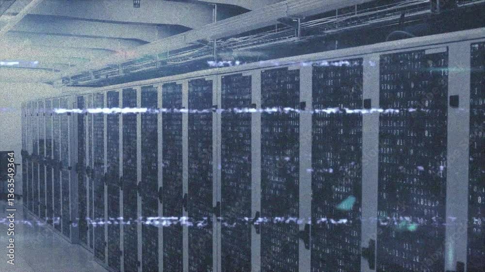 Poster animation overlaying glitch effect on rows of servers in data center