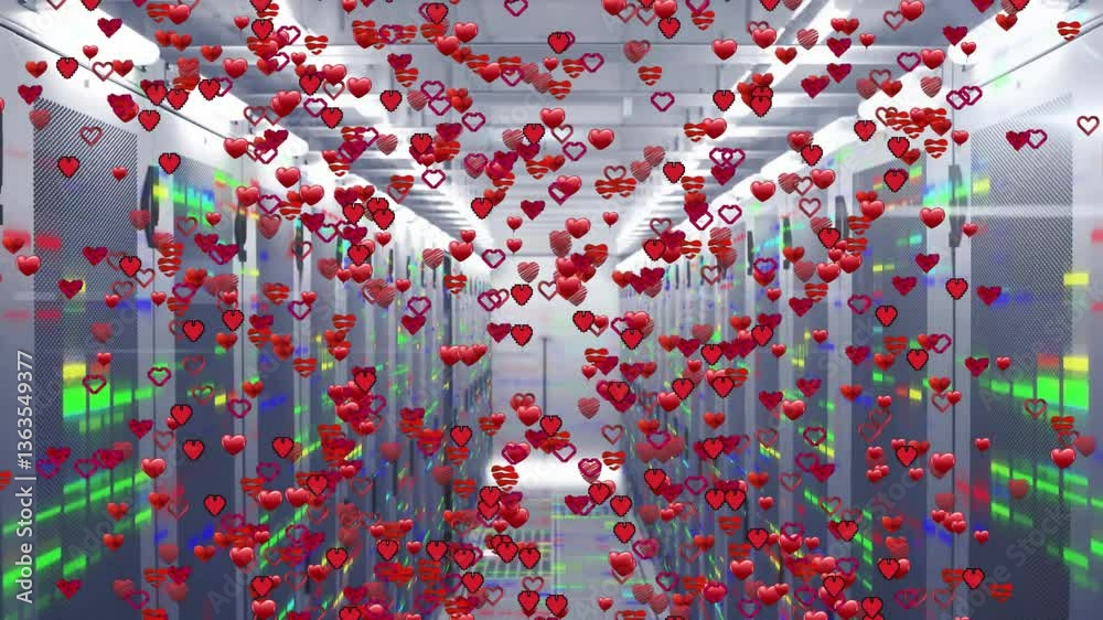 Poster red heart animations floating over rows of servers in data center